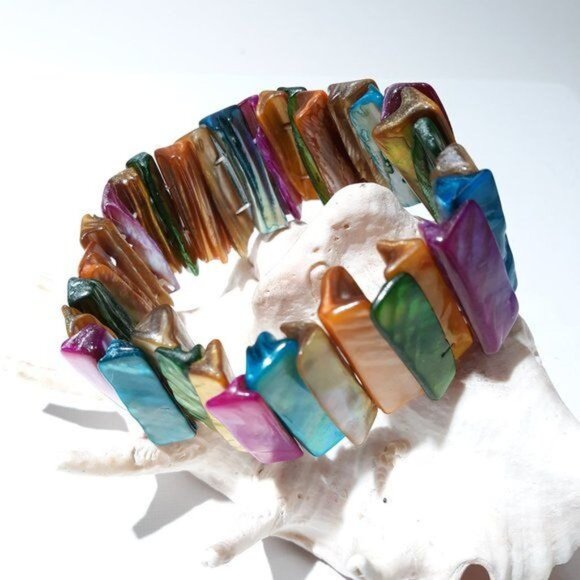Rainbow MOP Shell Bracelet Stretch Cuff Pride Boho - Picture 5 of 6